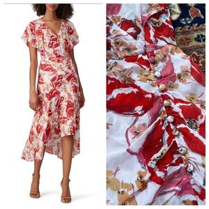 Parker Vivi Pink Red Floral Silk Midi Flutter sleeve Dress 2 xs